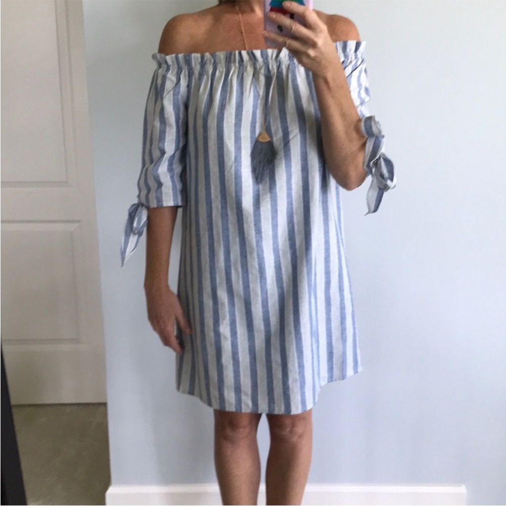Blue and White Stripe Off the Shoulder Dress - Picture 4 of 6